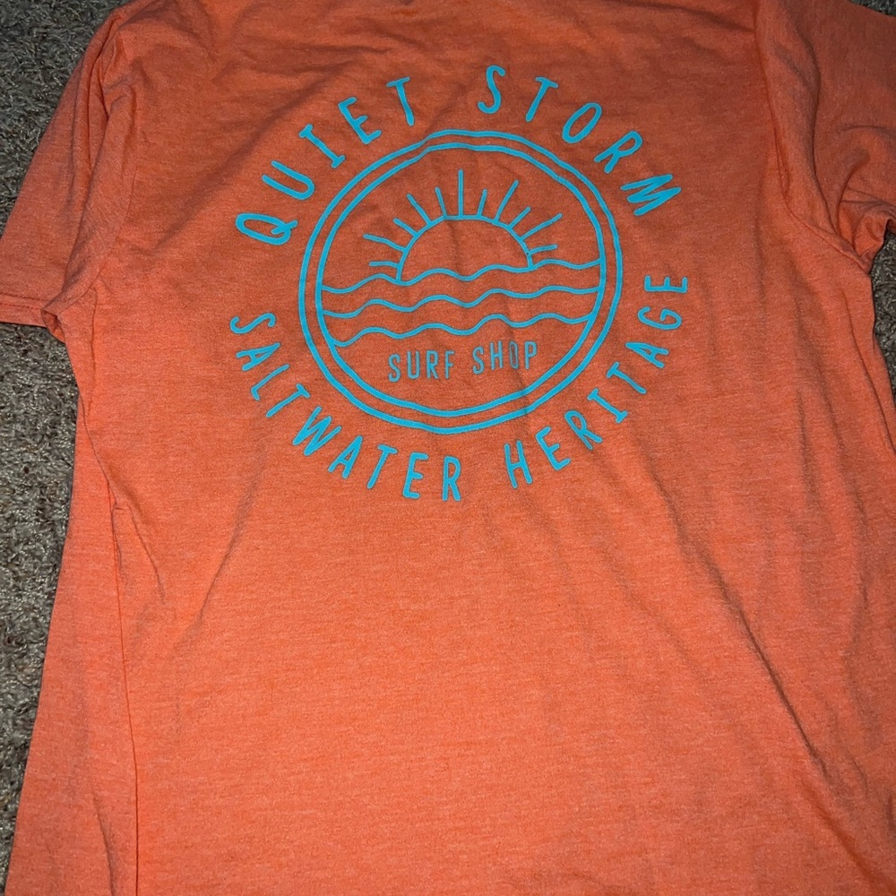 Quiet storm beach shop T Shirt, coral, (size medium)